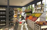 A humanoid robot with a shopping trolley is shopping at a grocery store. Future concept with robotics and artificial intelligence. 3D rendering
