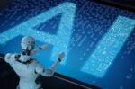 3d rendering humanoid robot with ai text in ciucuit pattern