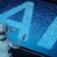 3d rendering humanoid robot with ai text in ciucuit pattern